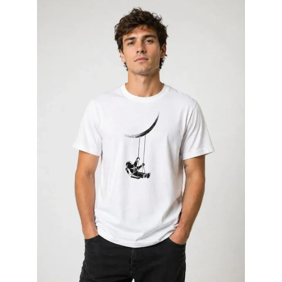 Erkek Astronot Ay Temalı Tişört Kısa Kol Yazlık Bisiklet Yaka T-Shirt - Beyaz
