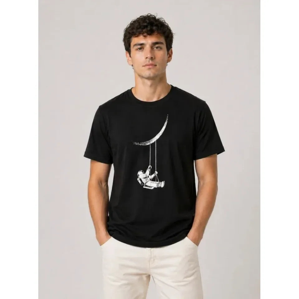Erkek Astronot Ay Temalı Tişört Kısa Kol Yazlık Bisiklet Yaka T-Shirt - Siyah