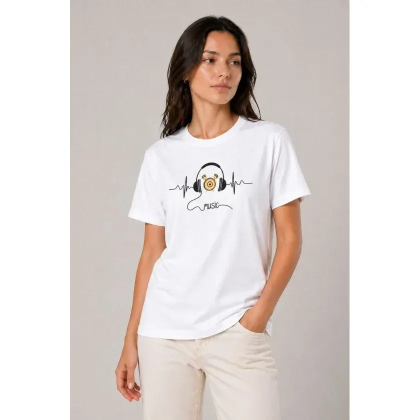 Müzik Temalı Baskılı Tişört Bisiklet Yaka Kısa Kol T-Shirt - Beyaz