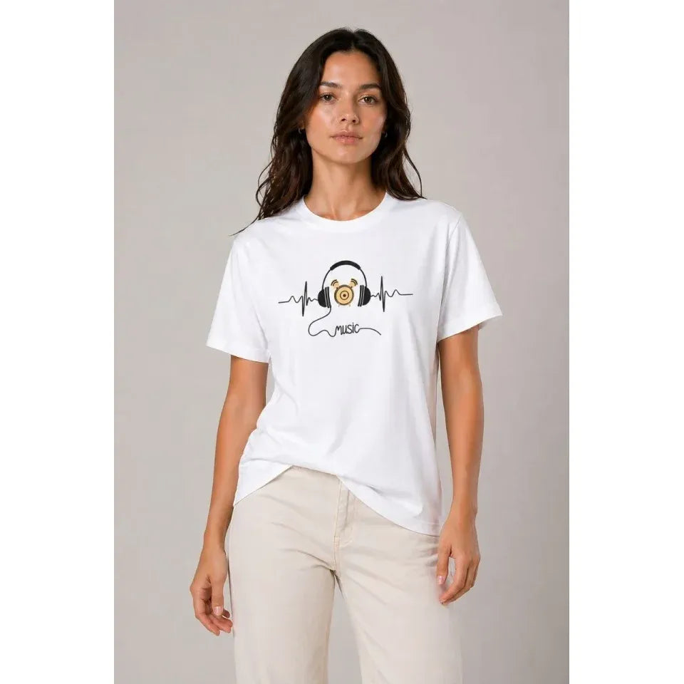 Müzik Temalı Baskılı Tişört Bisiklet Yaka Kısa Kol T-Shirt - Beyaz