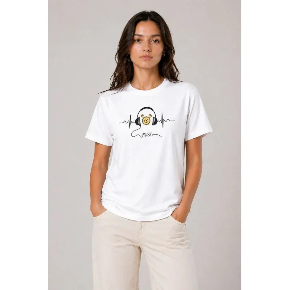 Müzik Temalı Baskılı Tişört Bisiklet Yaka Kısa Kol T-Shirt - Beyaz