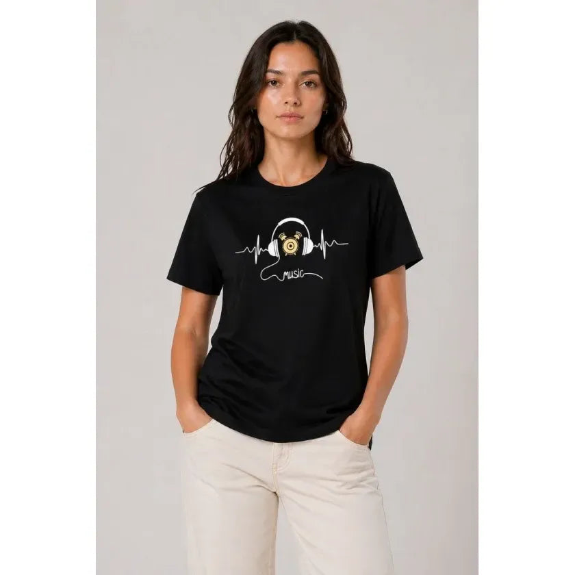 Müzik Temalı Baskılı Tişört Bisiklet Yaka Kısa Kol T-Shirt - Siyah