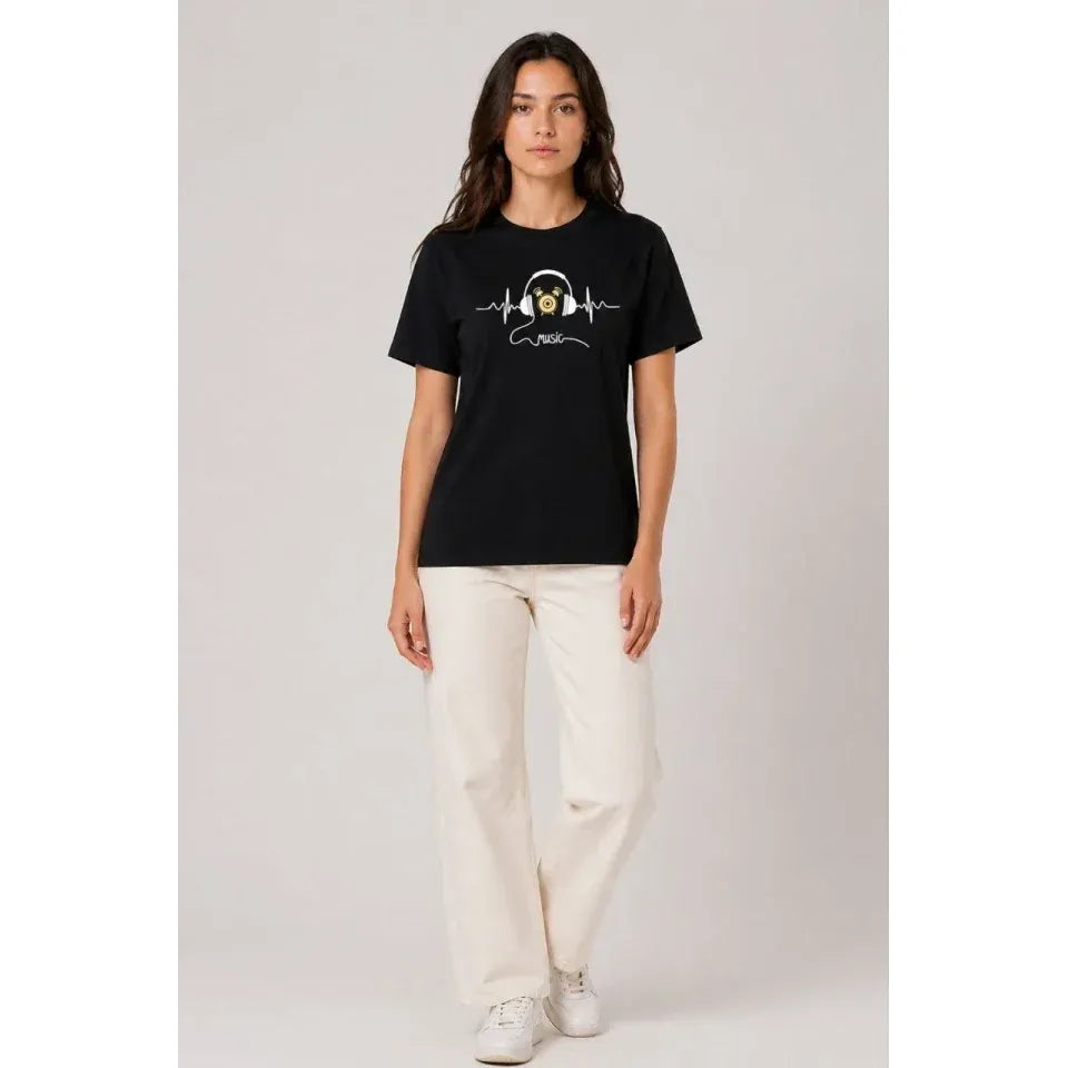 Müzik Temalı Baskılı Tişört Bisiklet Yaka Kısa Kol T-Shirt - Siyah