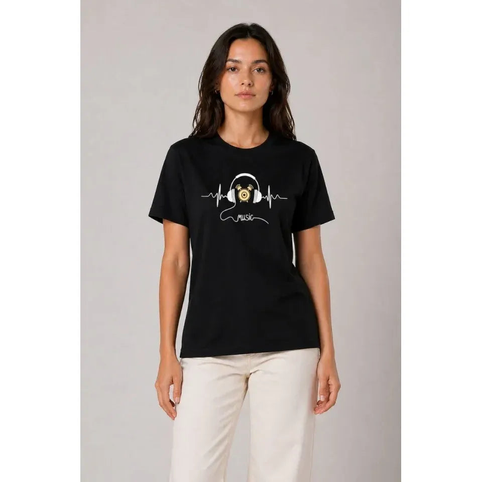 Müzik Temalı Baskılı Tişört Bisiklet Yaka Kısa Kol T-Shirt - Siyah