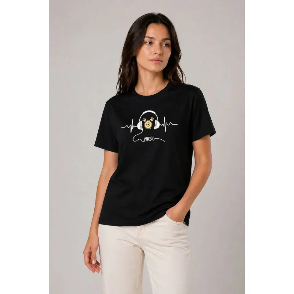 Müzik Temalı Baskılı Tişört Bisiklet Yaka Kısa Kol T-Shirt - Siyah