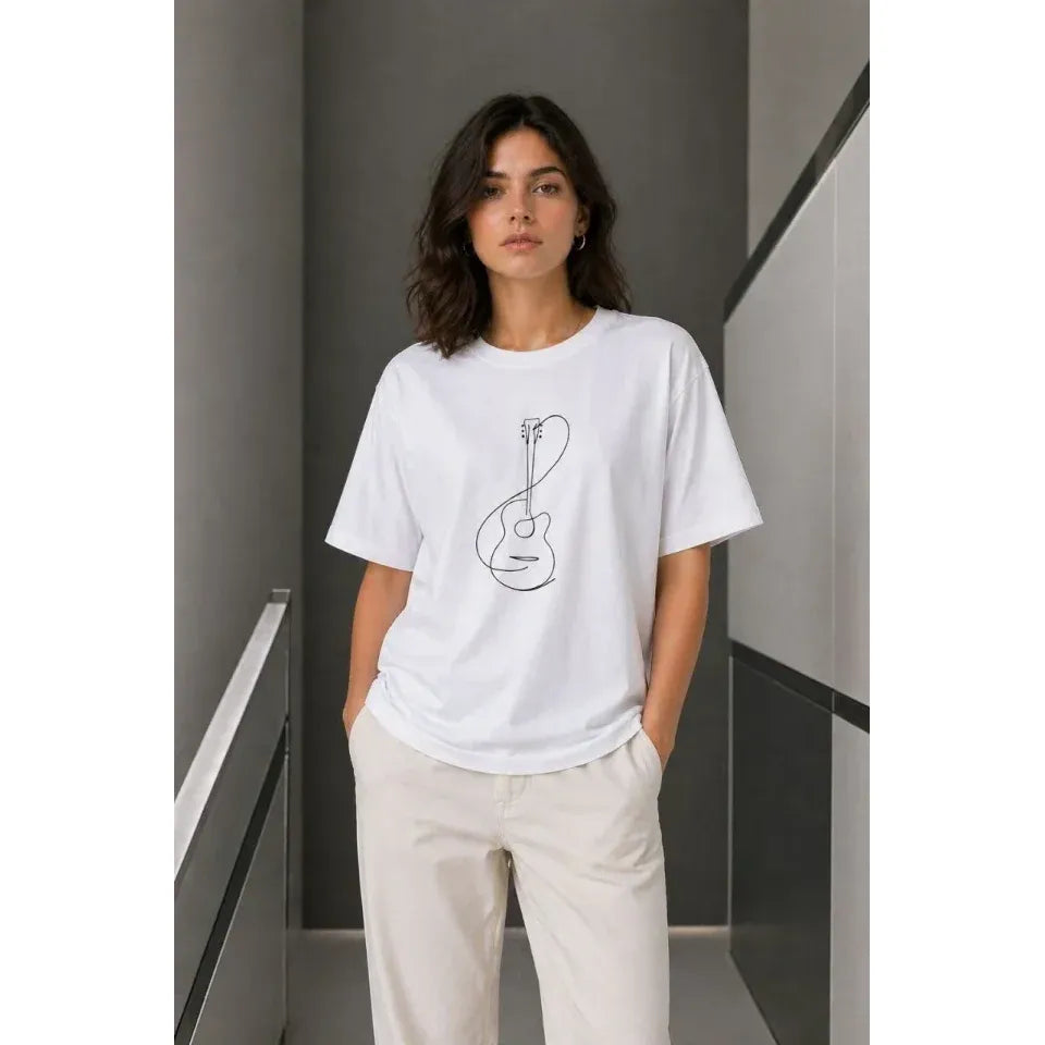 Minimal Gitar Baskılı Tişört T-Shirt Yazlık Kısa Kol Bisiklet Yaka T-Shirt  - Beyaz