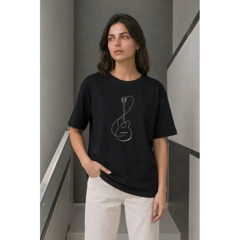 Minimal Gitar Baskılı Tişört T-Shirt Yazlık Kısa Kol Bisiklet Yaka T-Shirt - Siyah