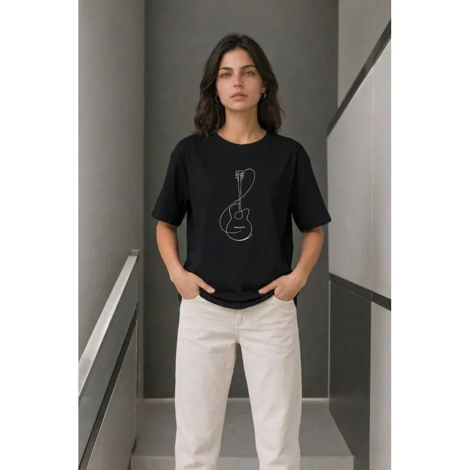 Minimal Gitar Baskılı Tişört T-Shirt Yazlık Kısa Kol Bisiklet Yaka T-Shirt - Siyah