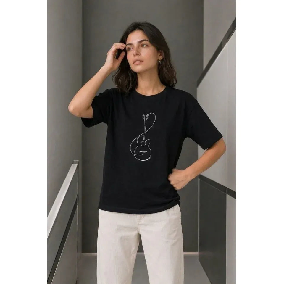 Minimal Gitar Baskılı Tişört T-Shirt Yazlık Kısa Kol Bisiklet Yaka T-Shirt - Siyah