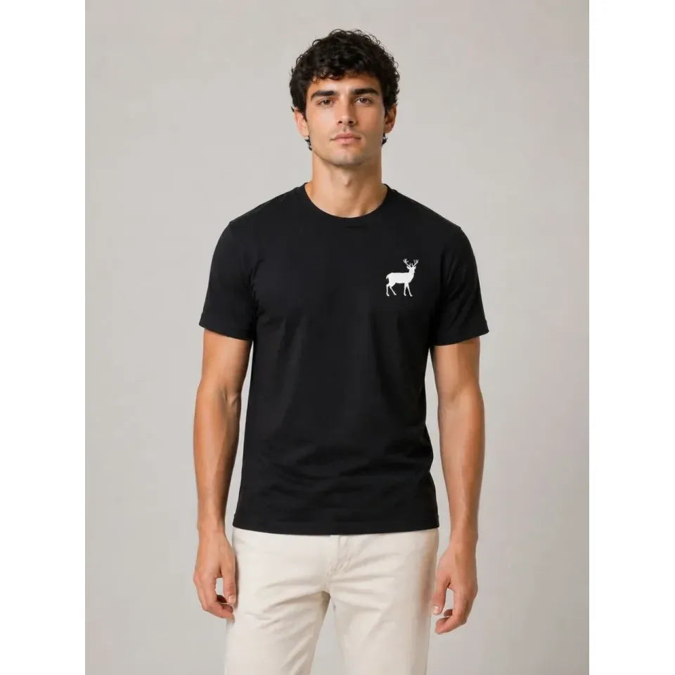 Erkek Minimal Geyik Logolu Tişört Bisiklet Yaka Kısa Kol Yazlık T-Shirt - Siyah