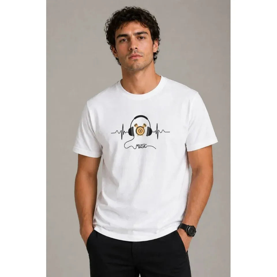 Erkek Müzik Temalı Baskılı Tişört Bisiklet Yaka Kısa Kol T-Shirt - Beyaz