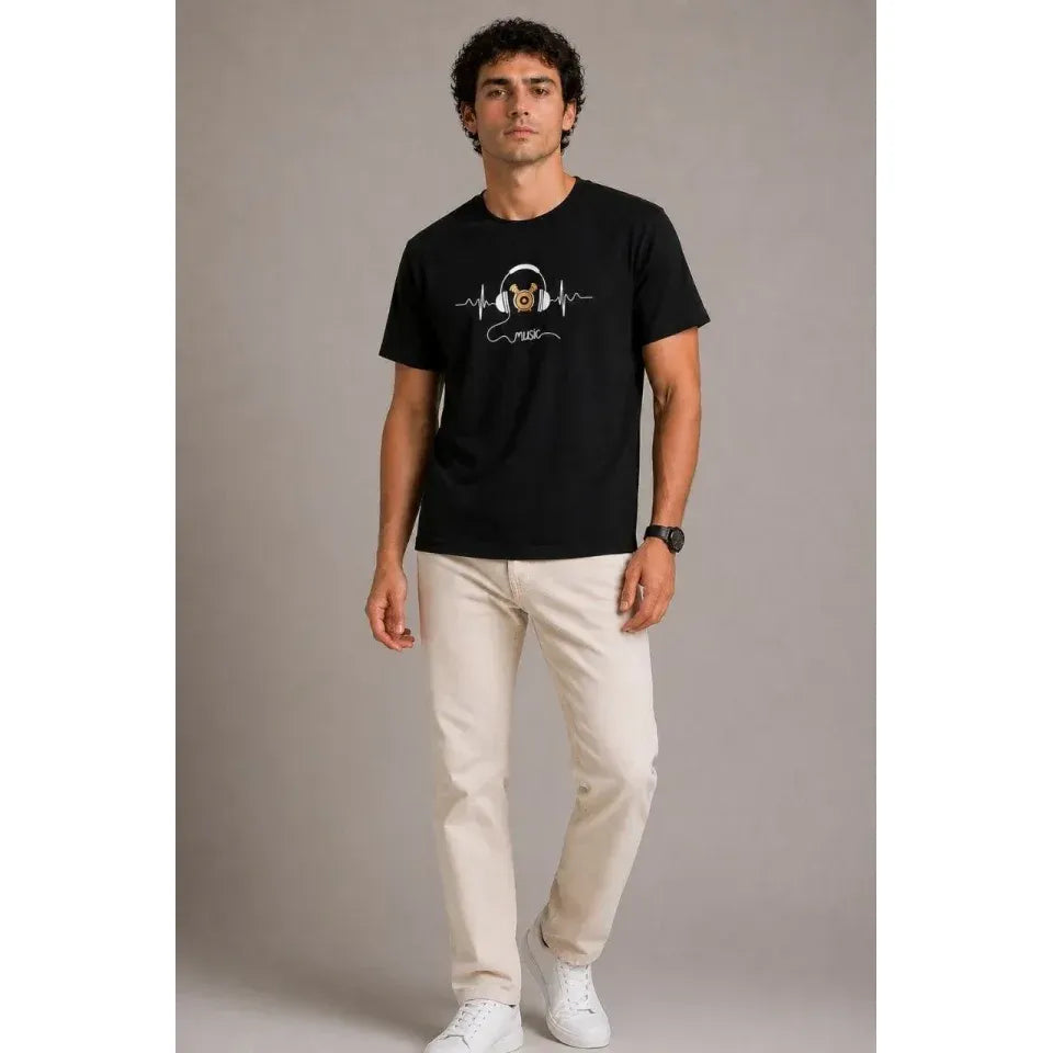 Erkek Müzik Temalı Baskılı Tişört Bisiklet Yaka Kısa Kol T-Shirt - Siyah
