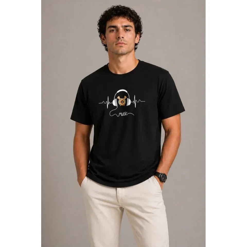 Erkek Müzik Temalı Baskılı Tişört Bisiklet Yaka Kısa Kol T-Shirt - Siyah