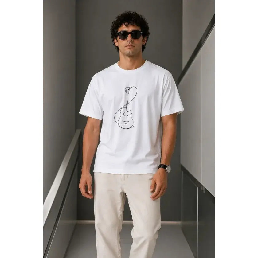 Erkek Minimal Gitar Baskılı Tişört T-Shirt Yazlık Kısa Kol Bisiklet Yaka T-Shirt - Beyaz