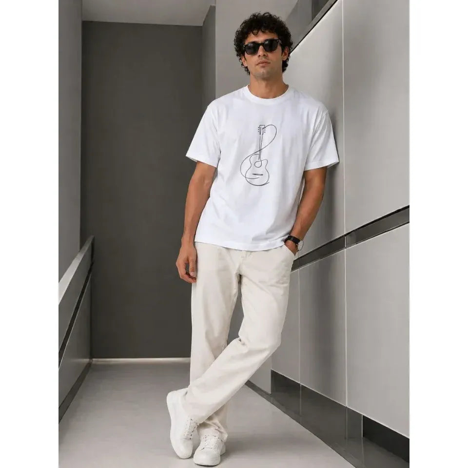 Erkek Minimal Gitar Baskılı Tişört T-Shirt Yazlık Kısa Kol Bisiklet Yaka T-Shirt - Beyaz