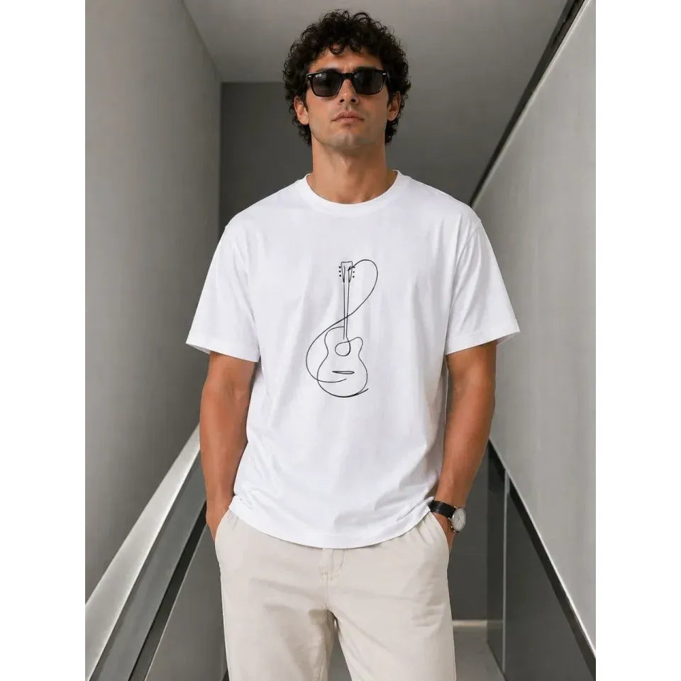 Erkek Minimal Gitar Baskılı Tişört T-Shirt Yazlık Kısa Kol Bisiklet Yaka T-Shirt - Beyaz