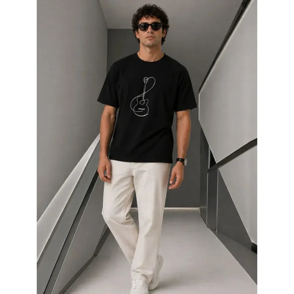 Erkek Minimal Gitar Baskılı Tişört T-Shirt Yazlık Kısa Kol Bisiklet Yaka T-Shirt - Siyah