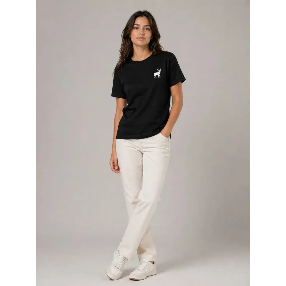 Minimal Geyik Logolu Tişört Bisiklet Yaka Kısa Kol Yazlık T-Shirt - Siyah