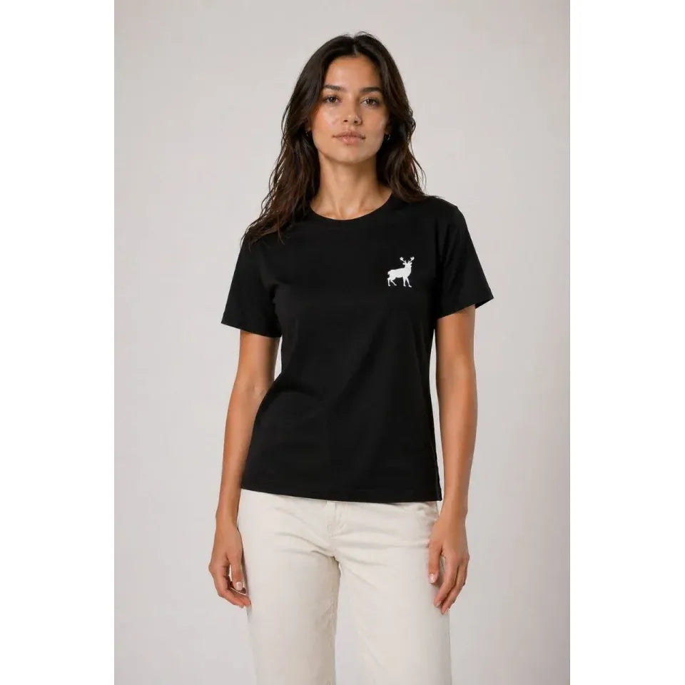 Minimal Geyik Logolu Tişört Bisiklet Yaka Kısa Kol Yazlık T-Shirt - Siyah