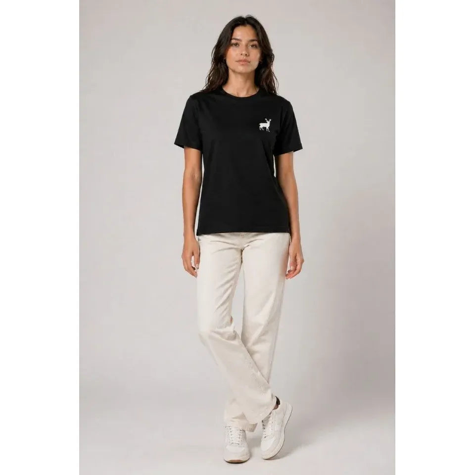 Minimal Geyik Logolu Tişört Bisiklet Yaka Kısa Kol Yazlık T-Shirt - Siyah