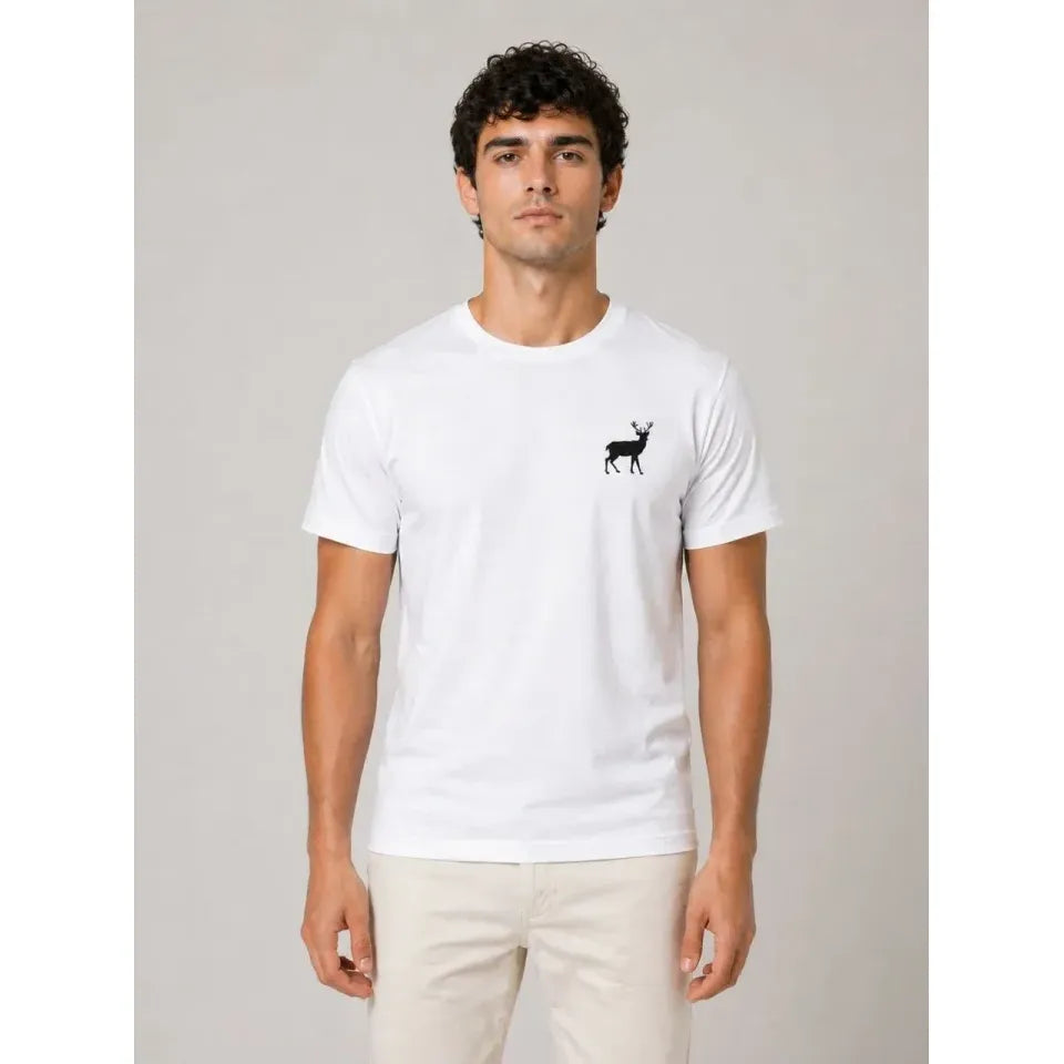 Erkek Minimal Geyik Logolu Tişört Bisiklet Yaka Kısa Kol Yazlık T-Shirt - Beyaz