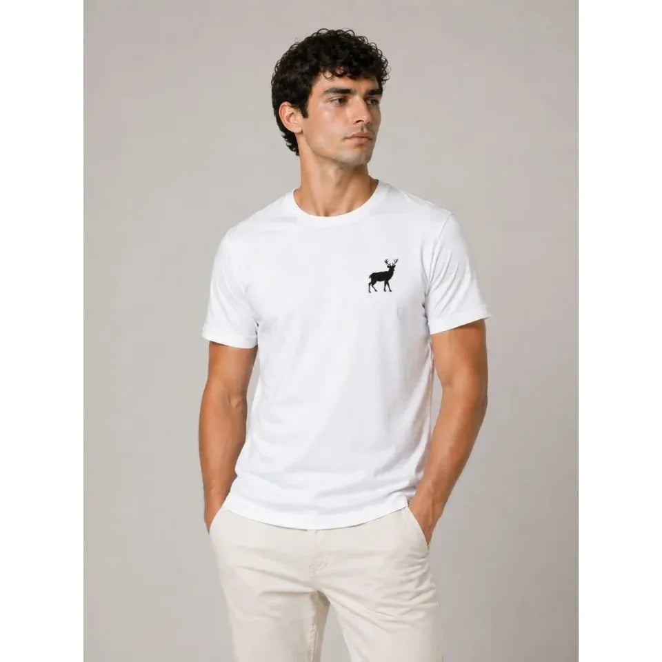 Erkek Minimal Geyik Logolu Tişört Bisiklet Yaka Kısa Kol Yazlık T-Shirt - Beyaz