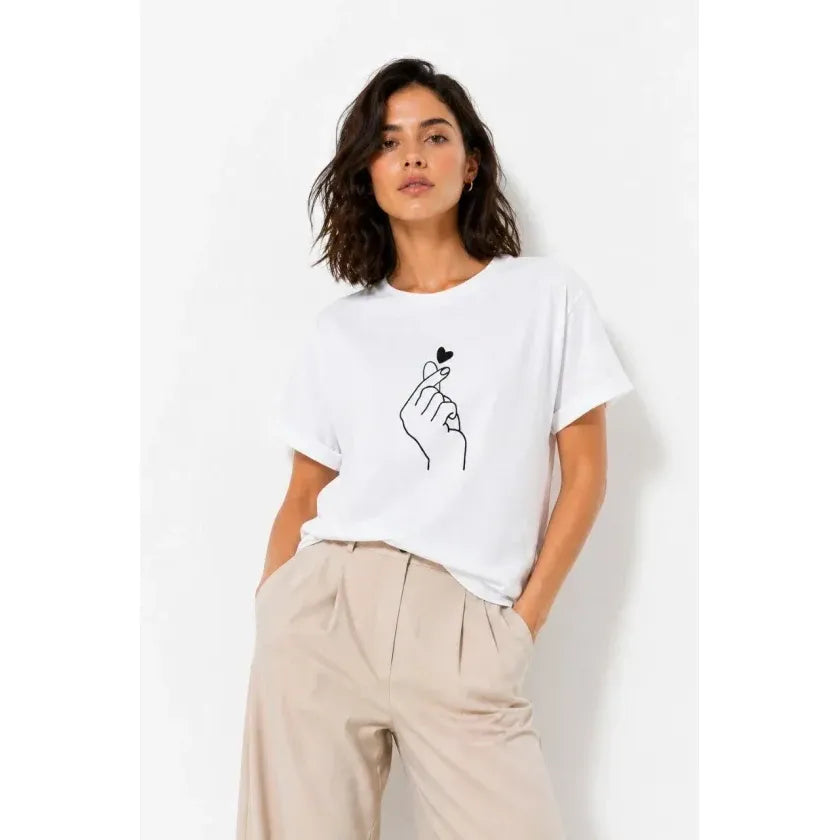 Kore Parmak Kalp Aşk Temalı Minimal Baskılı Tişört Yazlık Kısa Kol T-Shirt  - Beyaz