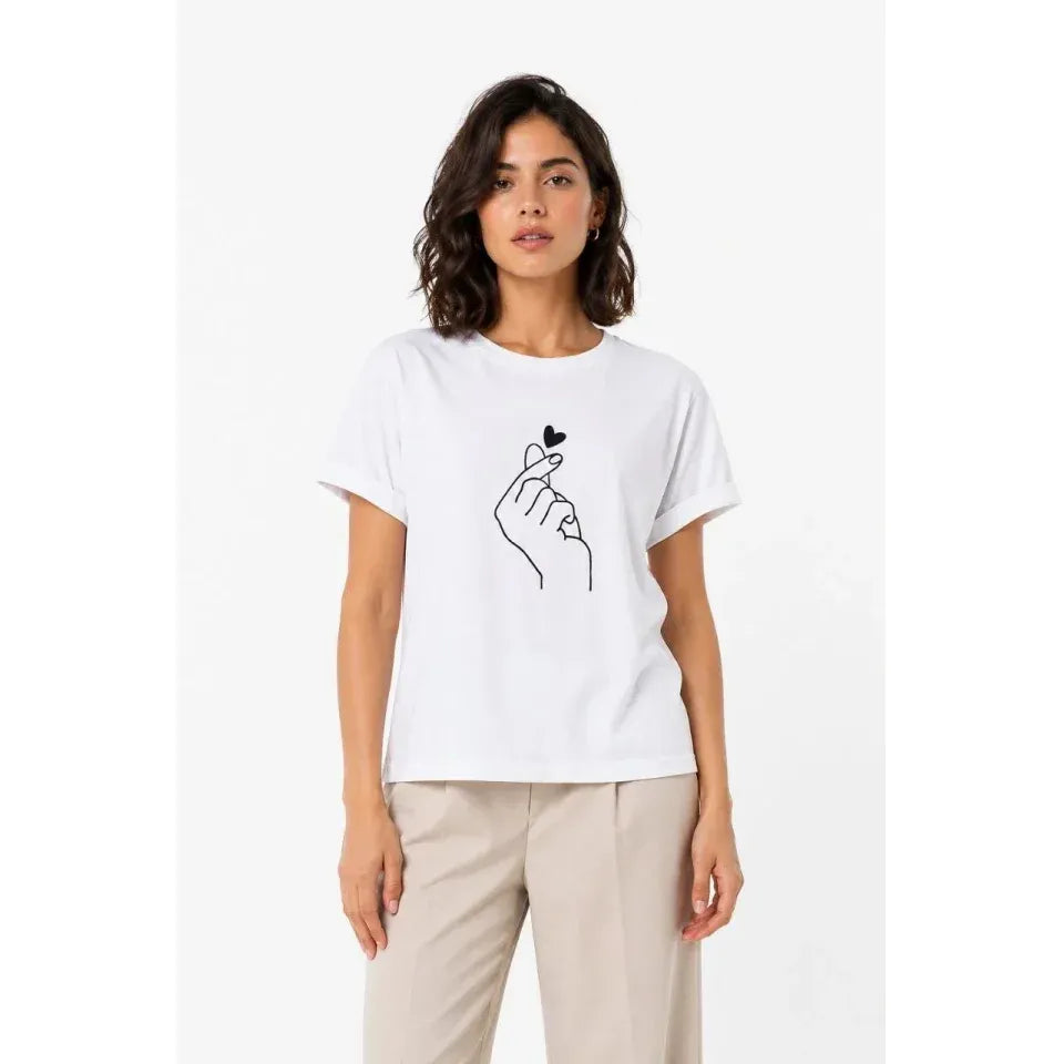 Kore Parmak Kalp Aşk Temalı Minimal Baskılı Tişört Yazlık Kısa Kol T-Shirt  - Beyaz