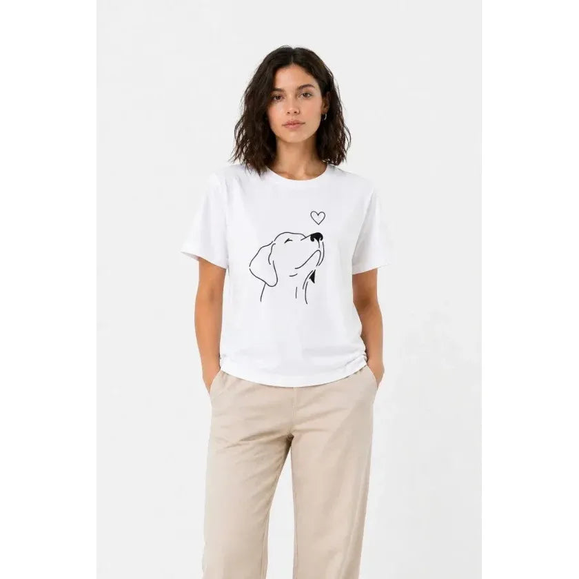 Köpek Figürlü Minimal Baskılı Tişört Kısa Kol Yazlık T-Shirt - Beyaz