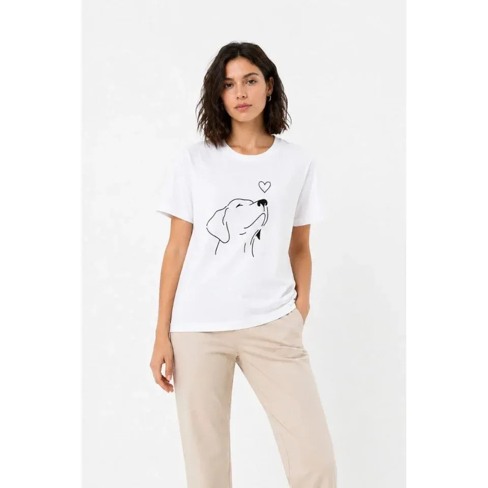 Köpek Figürlü Minimal Baskılı Tişört Kısa Kol Yazlık T-Shirt - Beyaz