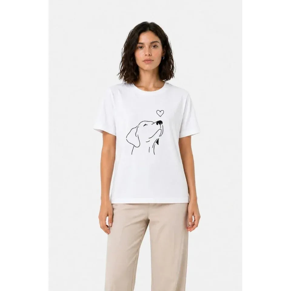 Köpek Figürlü Minimal Baskılı Tişört Kısa Kol Yazlık T-Shirt - Beyaz