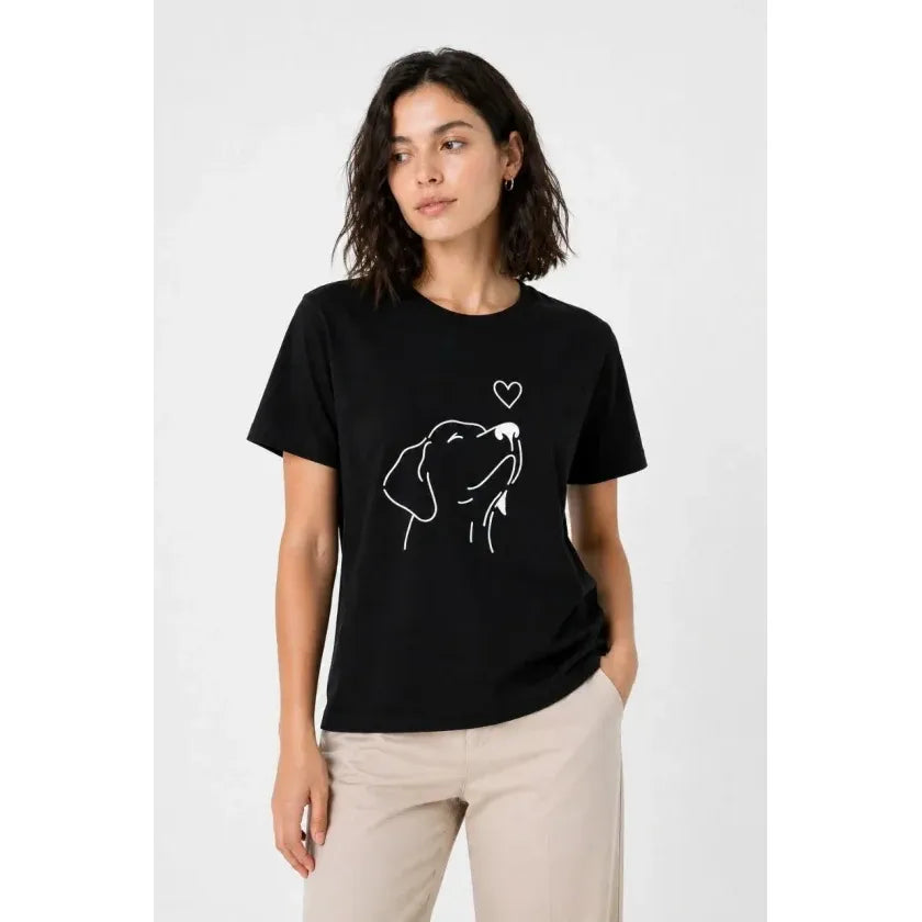 Köpek Figürlü Minimal Baskılı Tişört Kısa Kol Yazlık T-Shirt - Siyah