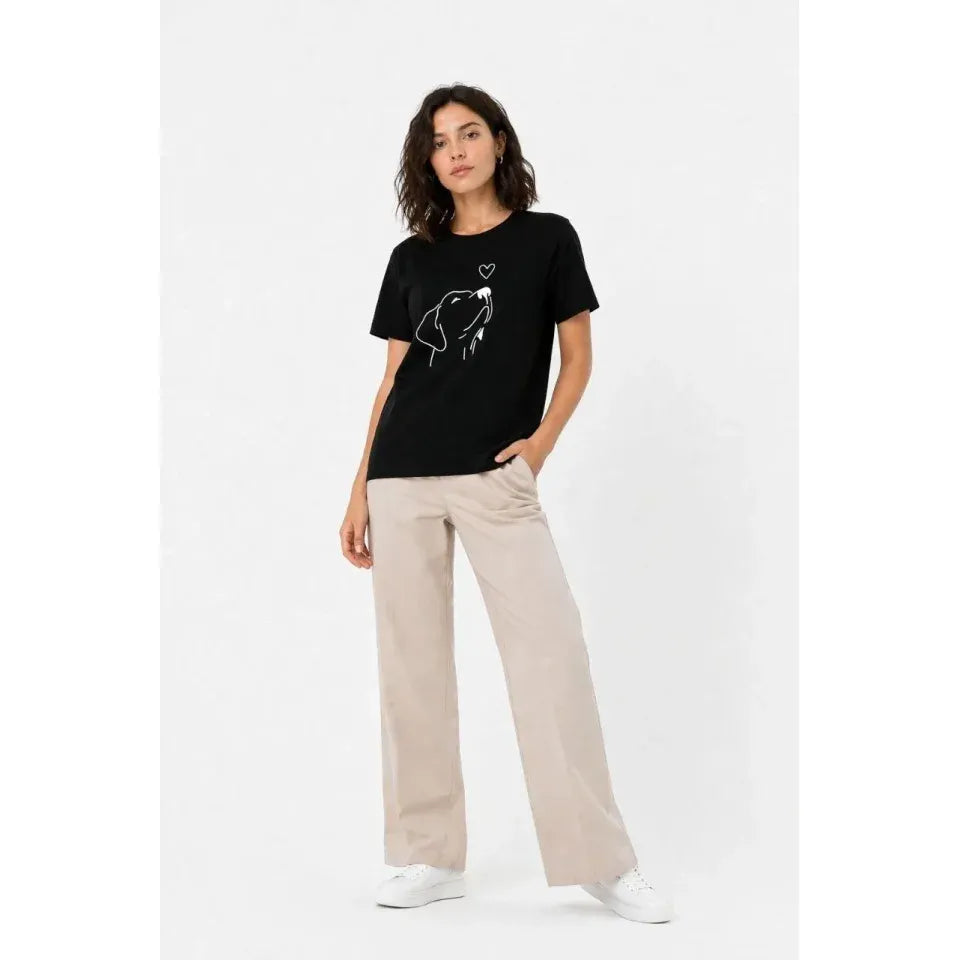 Köpek Figürlü Minimal Baskılı Tişört Kısa Kol Yazlık T-Shirt - Siyah