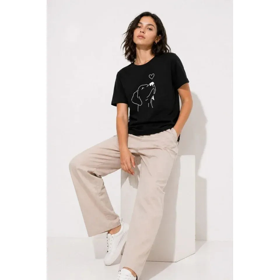 Köpek Figürlü Minimal Baskılı Tişört Kısa Kol Yazlık T-Shirt - Siyah