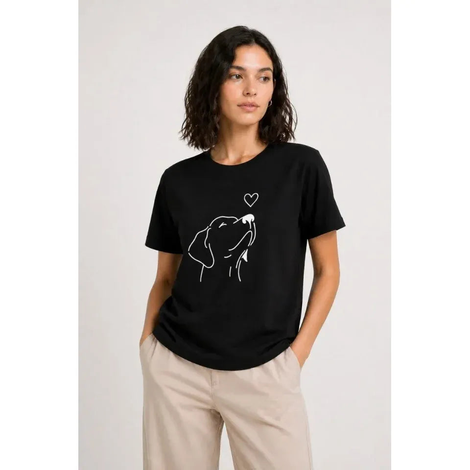 Köpek Figürlü Minimal Baskılı Tişört Kısa Kol Yazlık T-Shirt - Siyah