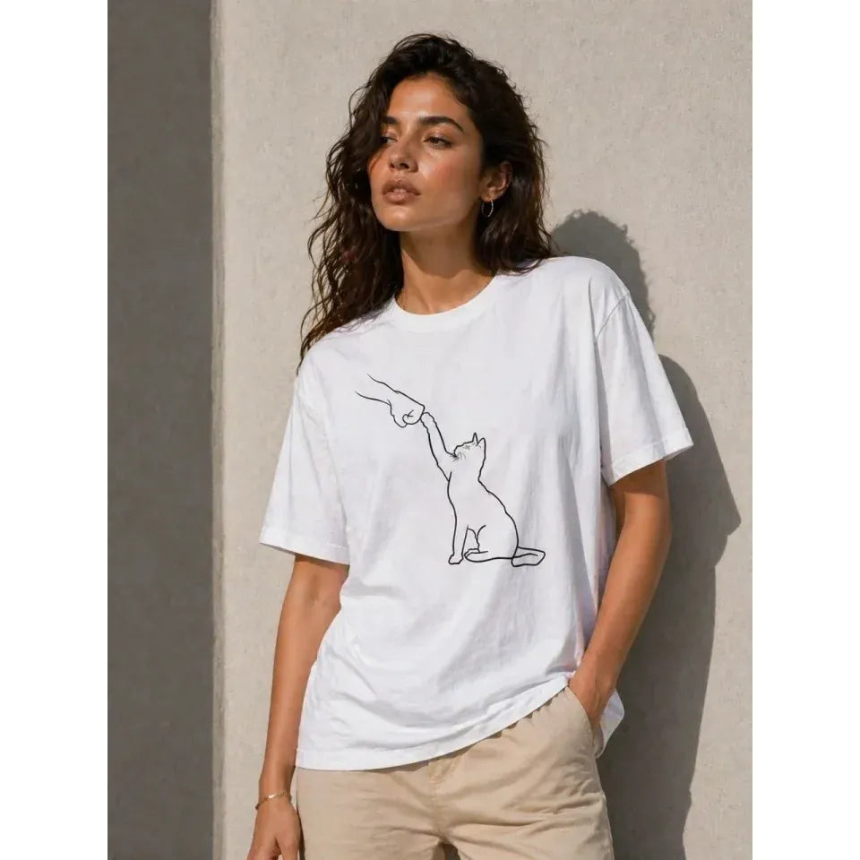 Minimal Kedi Çizim Baskılı Tişört Kısa Kol Yazlık T-Shirt - Beyaz