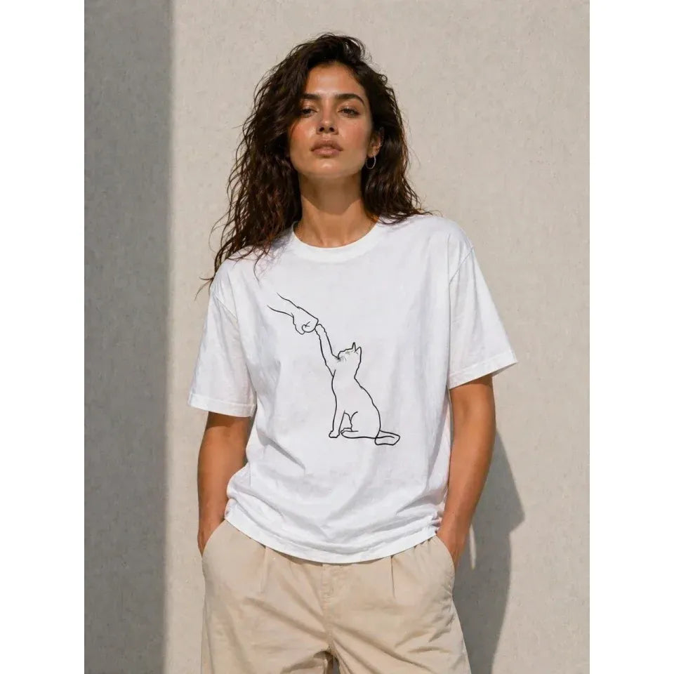 Minimal Kedi Çizim Baskılı Tişört Kısa Kol Yazlık T-Shirt - Beyaz
