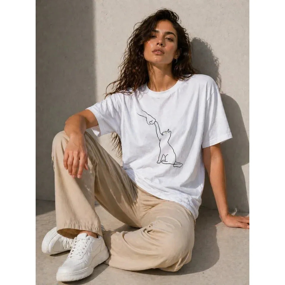 Minimal Kedi Çizim Baskılı Tişört Kısa Kol Yazlık T-Shirt - Beyaz