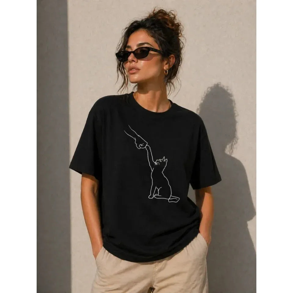 Minimal Kedi Çizim Baskılı Tişört Kısa Kol Yazlık T-Shirt - Siyah