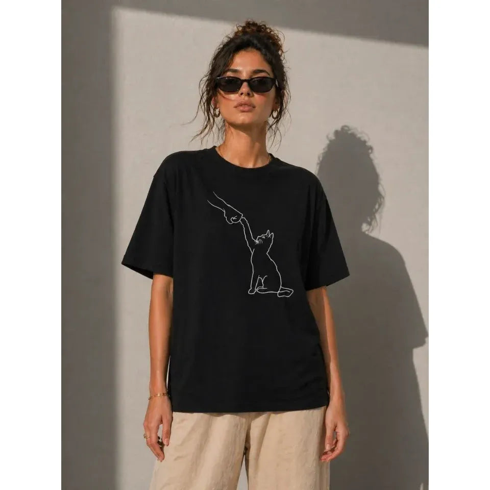 Minimal Kedi Çizim Baskılı Tişört Kısa Kol Yazlık T-Shirt - Siyah