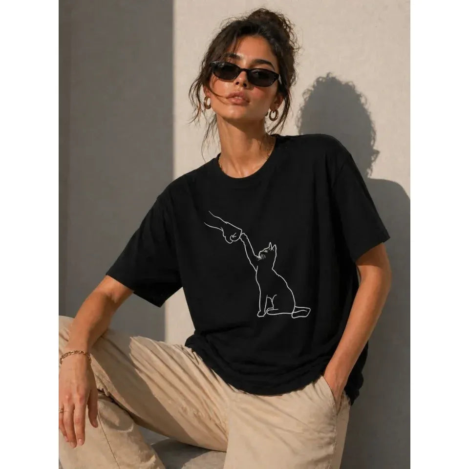 Minimal Kedi Çizim Baskılı Tişört Kısa Kol Yazlık T-Shirt - Siyah