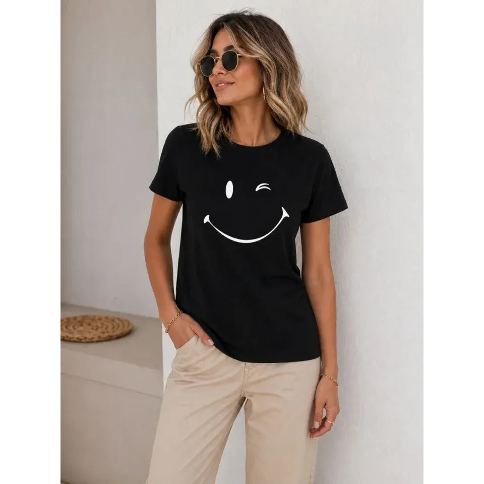Minimal Gülümseyen Yüz Baskılı Tişört Kısa Kol Yazlık T-Shirt - Siyah