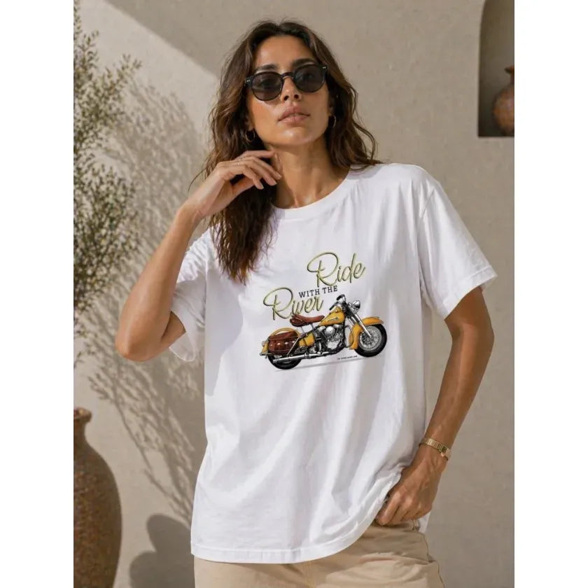 Motosiklet Baskılı Tişört Bisiklet Yaka Kısa Kol Yazlık T-Shirt - Beyaz