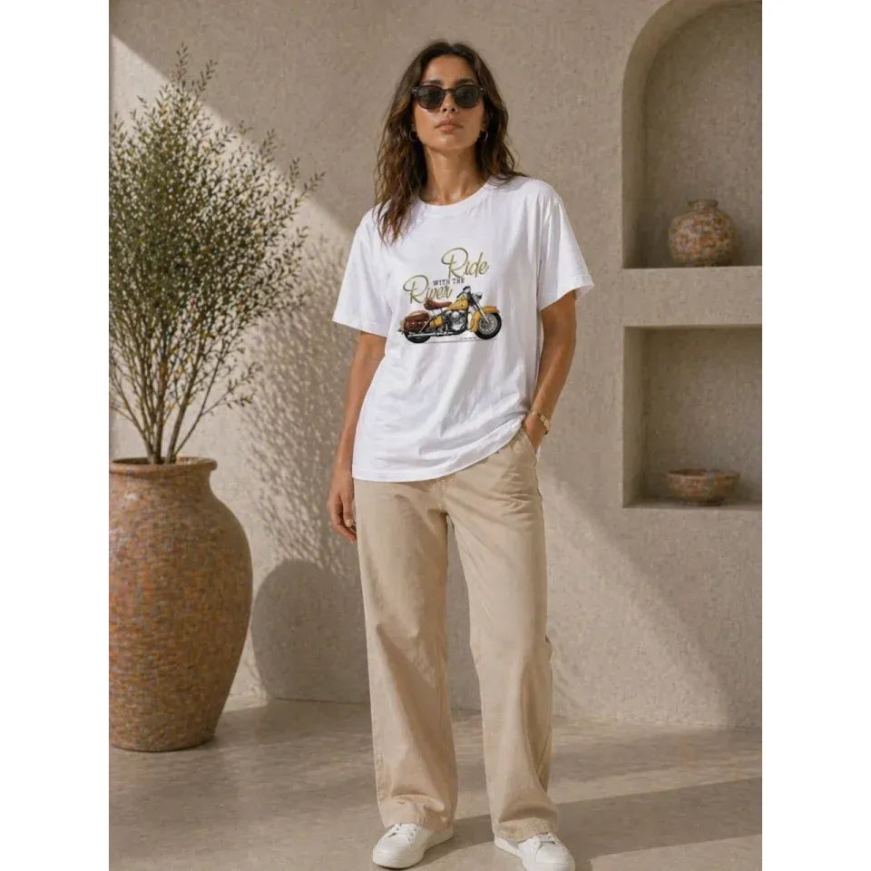 Motosiklet Baskılı Tişört Bisiklet Yaka Kısa Kol Yazlık T-Shirt - Beyaz