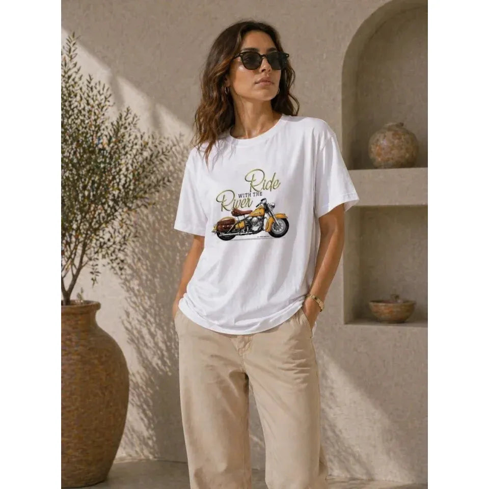 Motosiklet Baskılı Tişört Bisiklet Yaka Kısa Kol Yazlık T-Shirt - Beyaz