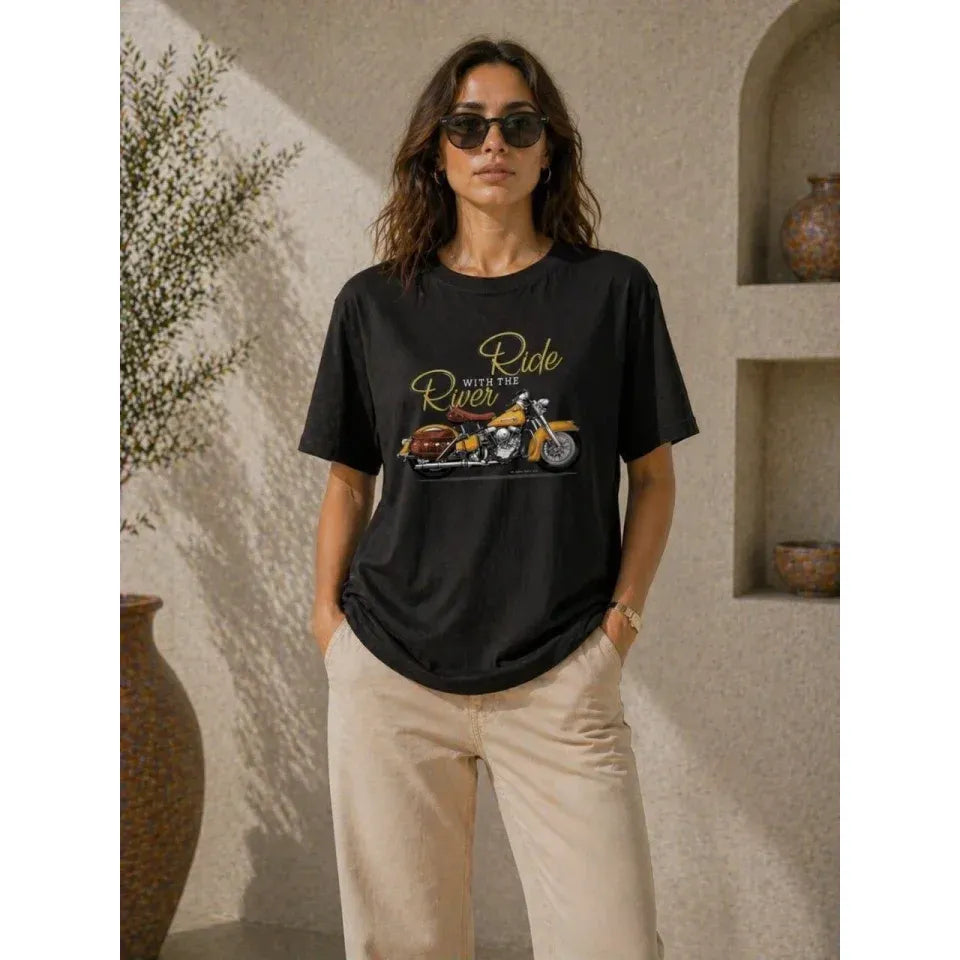 Motosiklet Baskılı Tişört Bisiklet Yaka Kısa Kol Yazlık T-Shirt - Siyah