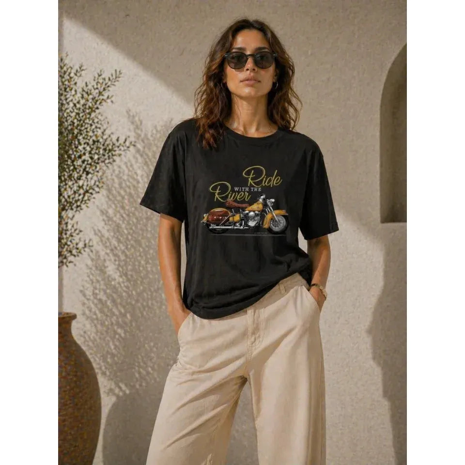 Motosiklet Baskılı Tişört Bisiklet Yaka Kısa Kol Yazlık T-Shirt - Siyah