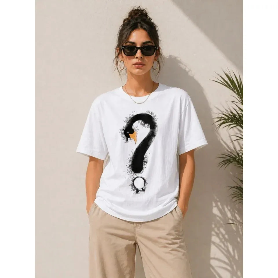 Kuğu Figürlü Soru İşareti Baskılı Tişört Kısa Kol T-Shirt - Beyaz