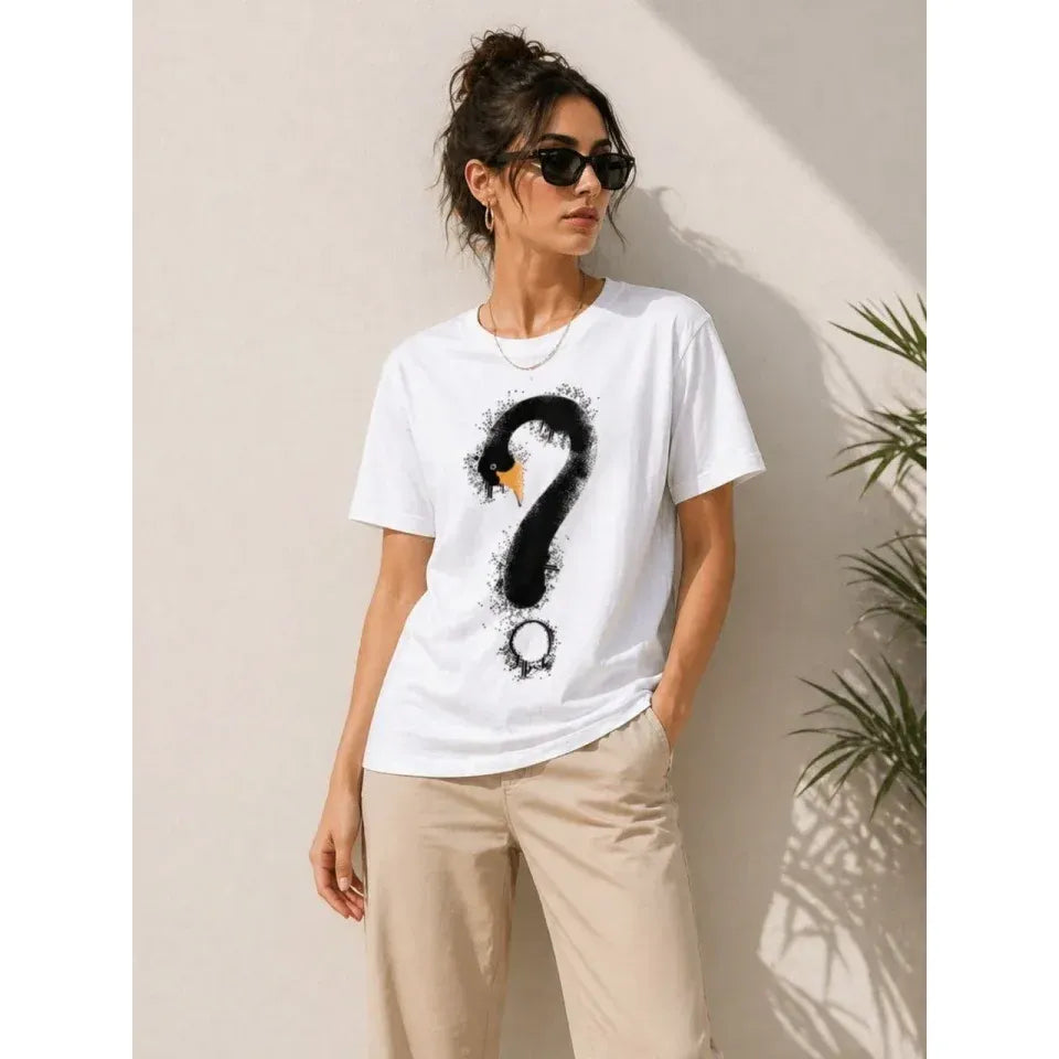Kuğu Figürlü Soru İşareti Baskılı Tişört Kısa Kol T-Shirt - Beyaz