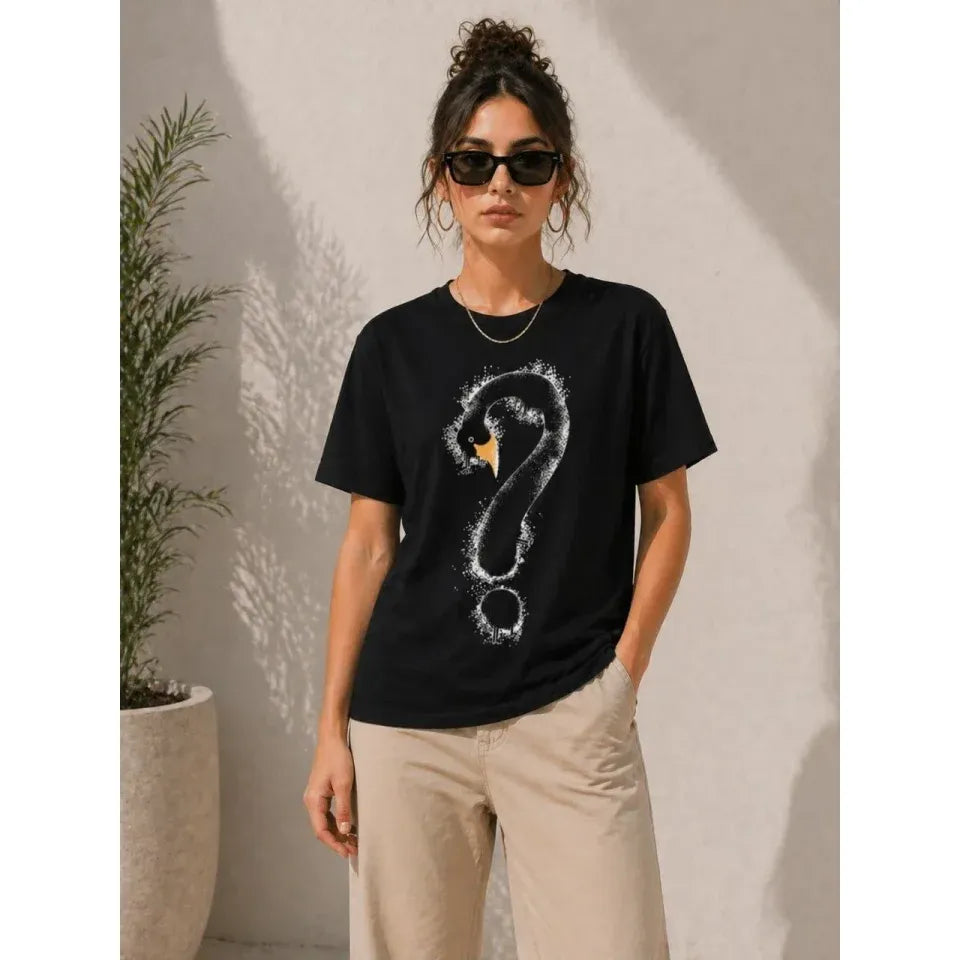 Kuğu Figürlü Soru İşareti Baskılı Tişört Kısa Kol T-Shirt - Siyah